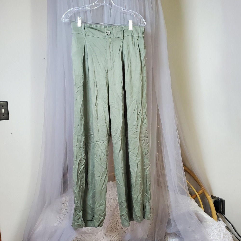 Scandi Girl Y2K Career Wide Leg Dress Pants Business Pleated Macys Green Size M - Picture 2 of 6